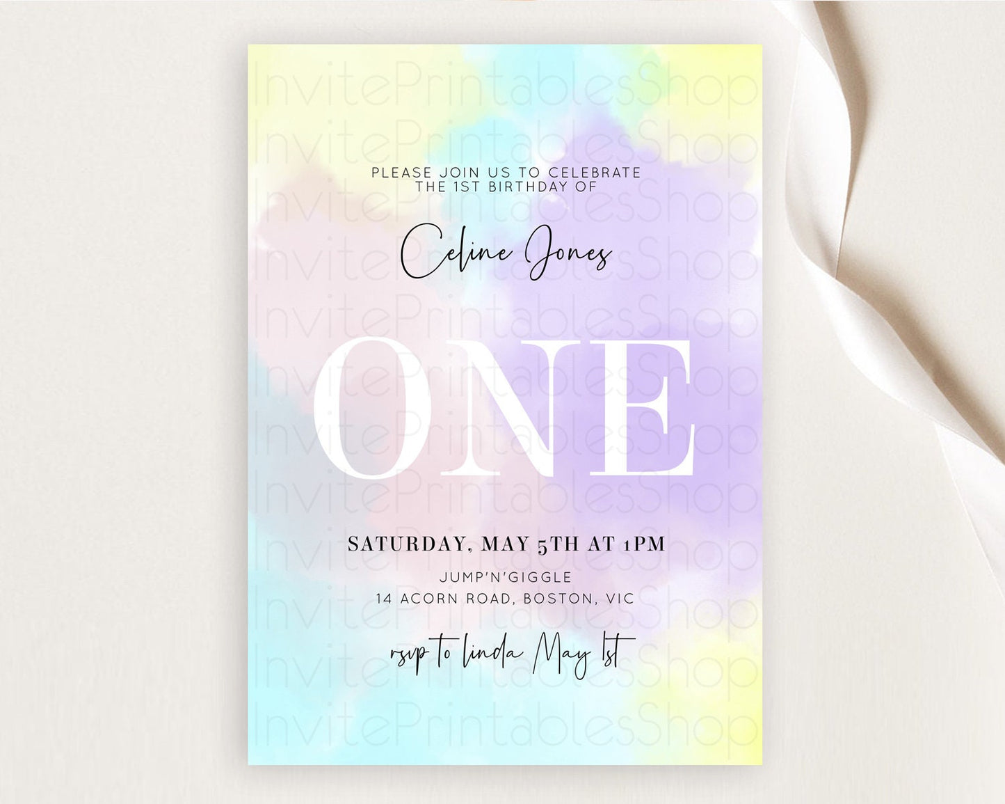 Rainbow Birthday Invitation Colorful Pastel Watercolor Invitation Gold Glitter Sprinkles Ombre Pastel 1st 2nd 3rd Birthday D10617