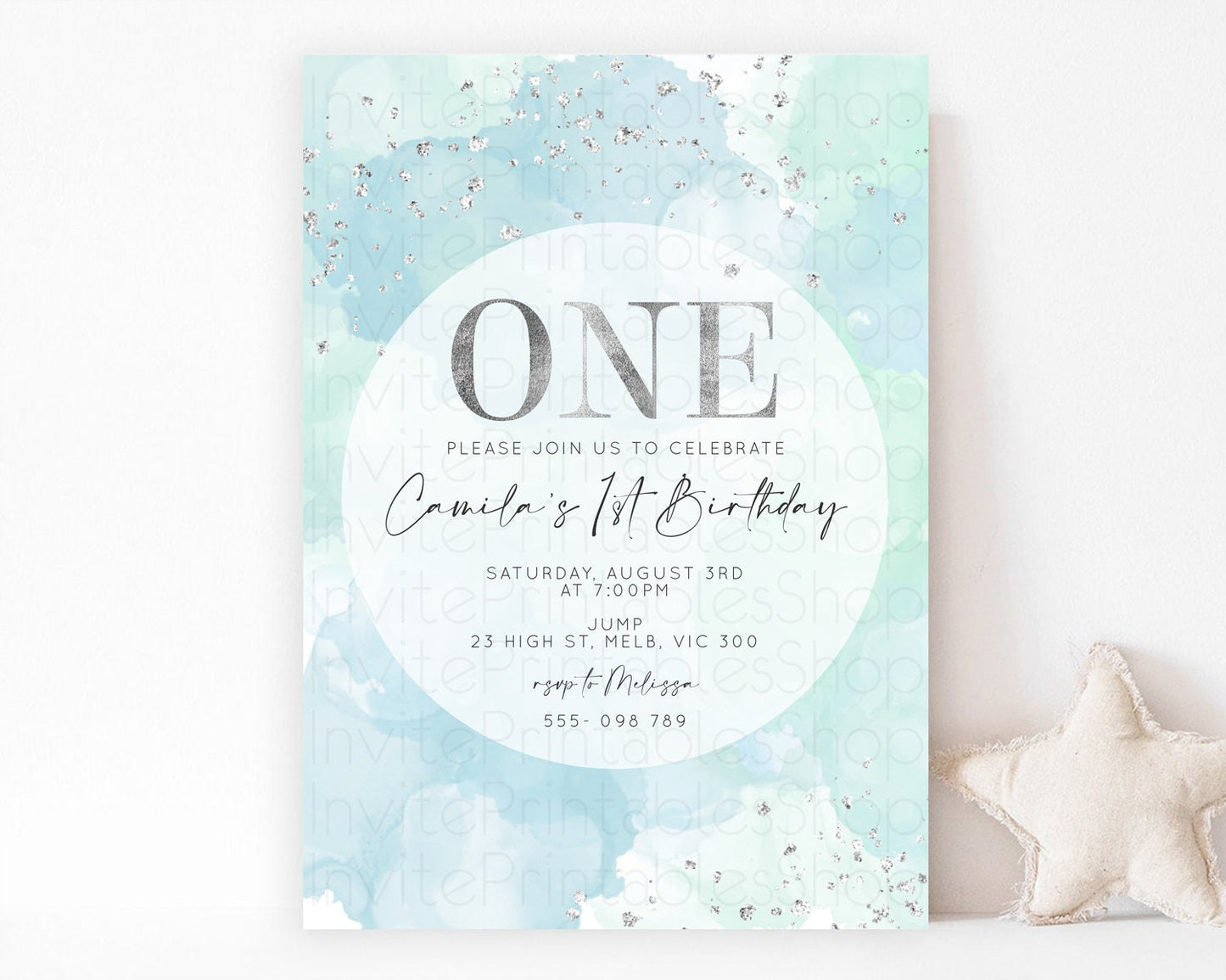 Editable Rainbow Birthday Invitation Colorful Pastel Watercolor Silver Glitt