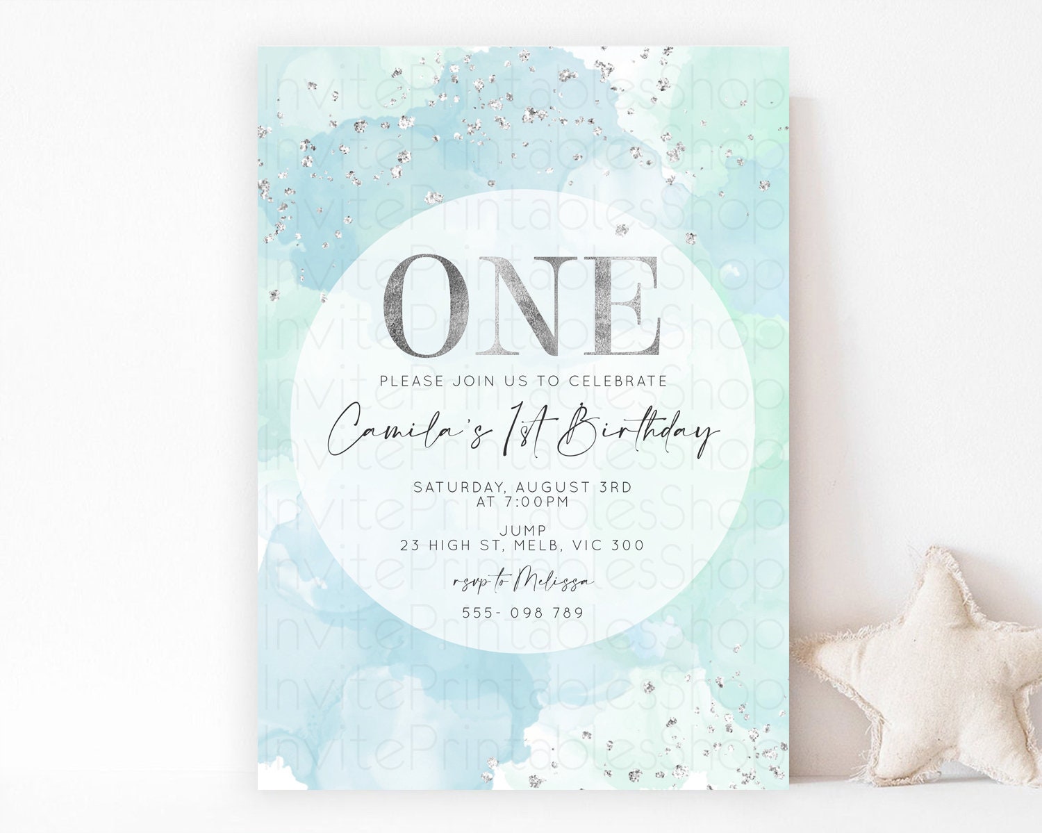 Editable Rainbow Birthday Invitation Colorful Pastel Watercolor Silver Glitt