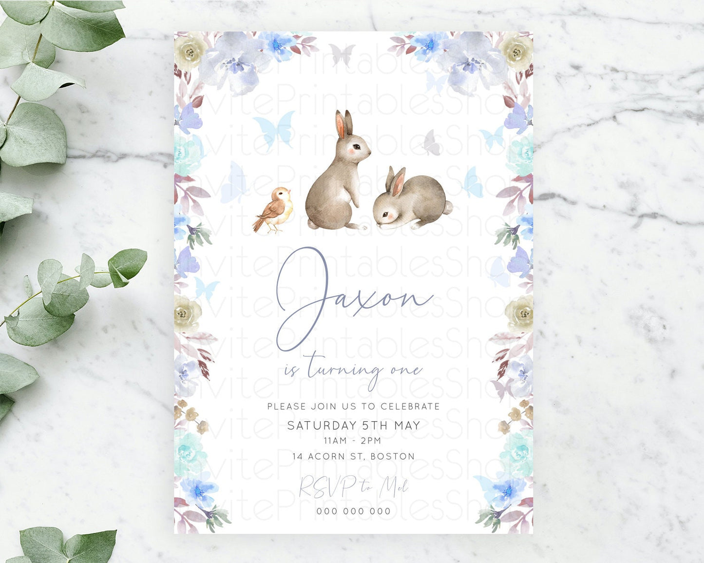 Bunny Birthday Invitation Floral Bunny Invitation Pastel Bunny Invites Pastel Watercolor Woodland Bunny Party 2nd 1st First Birthday D10927