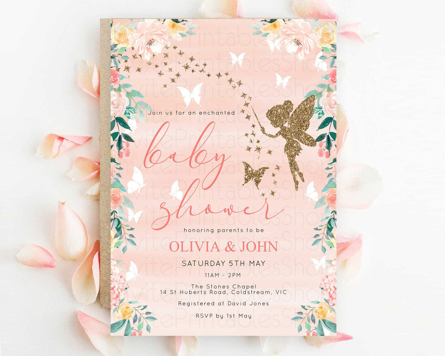 Fairy Baby Shower Invitation, Secret Garden, Fairy Garden Party, Magical Butterflies, Pink Orange Greenery, Floral, Orange Watercolor D10792