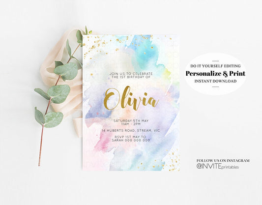 Rainbow Birthday Invitation Ombre Pastel Invitation Colorful Watercolor Splash Invite Gold Glitter Sprinkles Printable Digital Invite