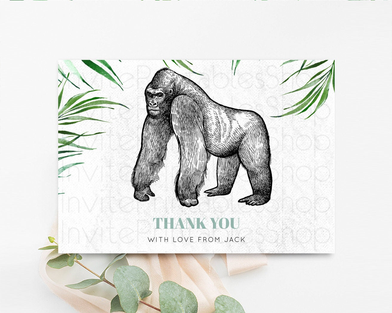 Gorilla Thank You Gorilla Card Wild One Tropical Safari Jungle Zoo Party Foldable Card Tent Flat Postcard Detail Insert Card Birthday p284