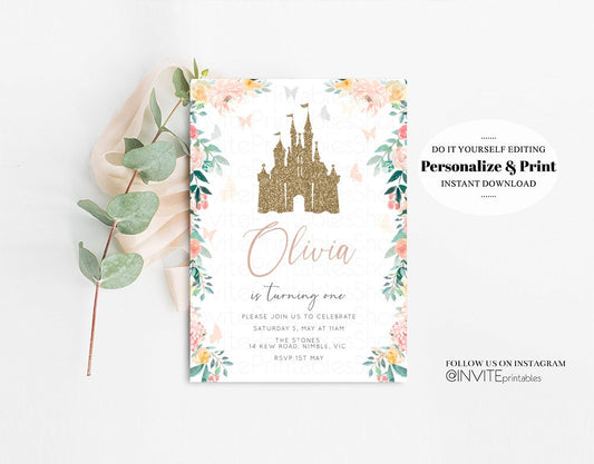 Princess Birthday Invitation Castle Invitation Glitter Invitation Fairy Garden Invite Floral Enchanted Secret Garden Gold Watercolor Invite