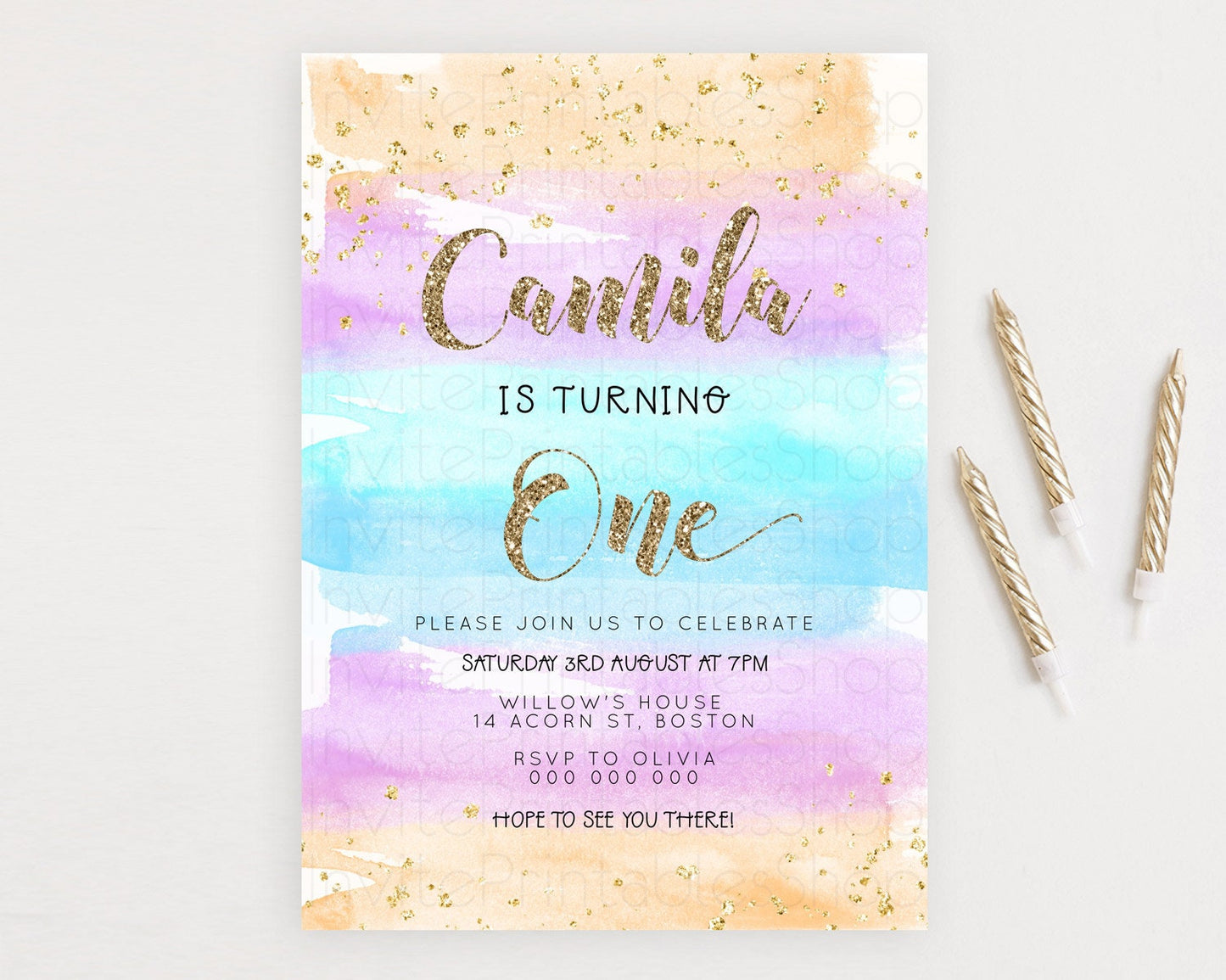 Rainbow Birthday Invitation Colorful Pastel Watercolor Invitation Gold Glitter Sprinkles Ombre Pastel 1st 2nd 3rd Birthday D23272