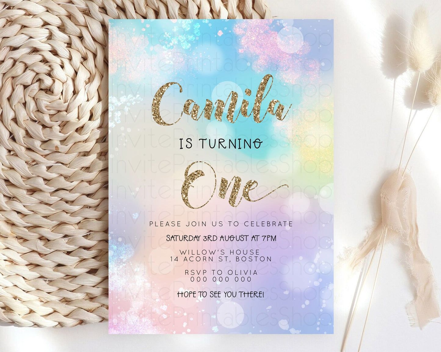 Rainbow Birthday Invitation Colorful Pastel Watercolor Invitation Gold Glitter Sprinkles Ombre Pastel 1st 2nd 3rd Birthday D23129