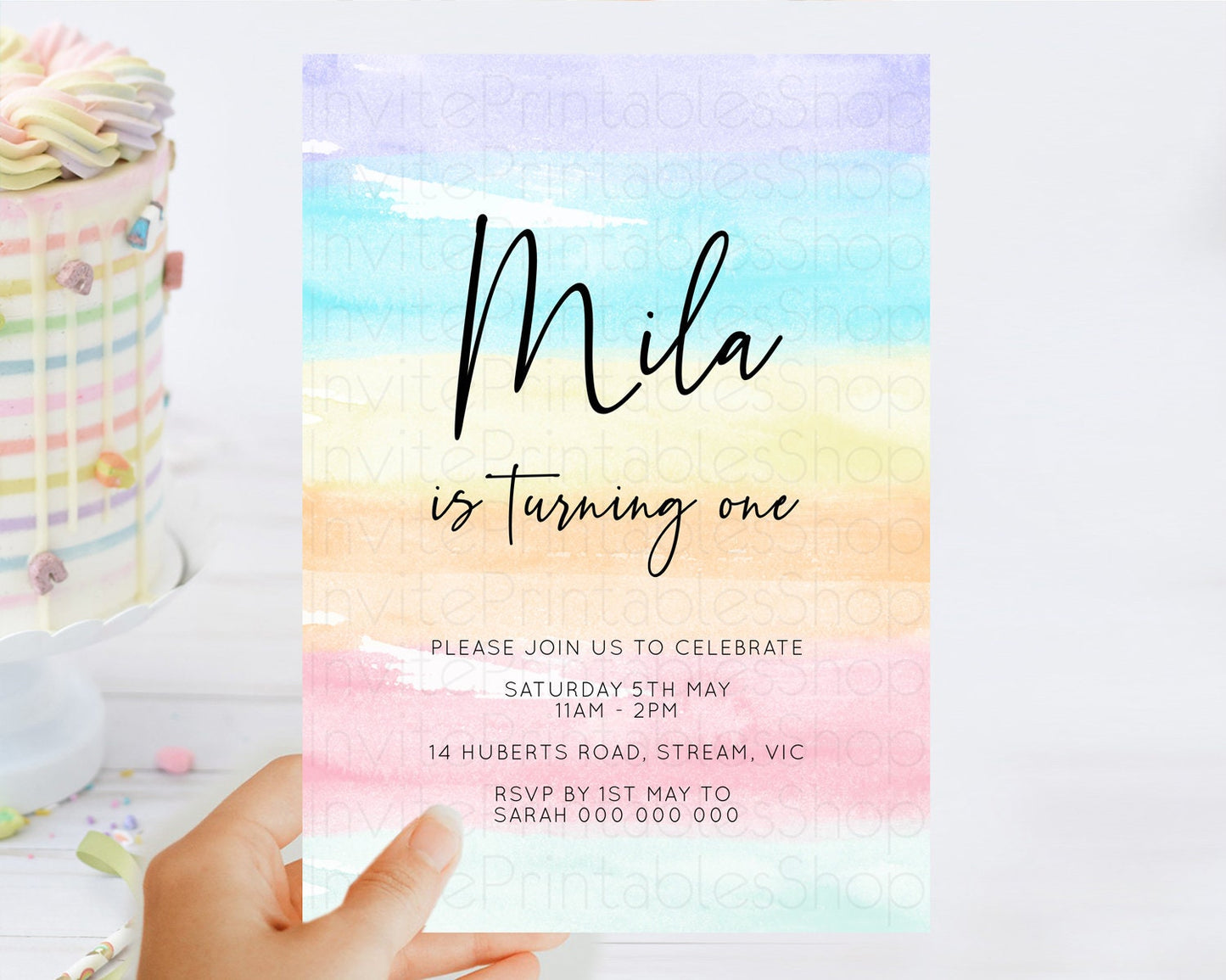 Rainbow Birthday Invitation Colorful Pastel Watercolor Invitation Gold Glitter Sprinkles Ombre Pastel 1st 2nd 3rd Birthday D10505