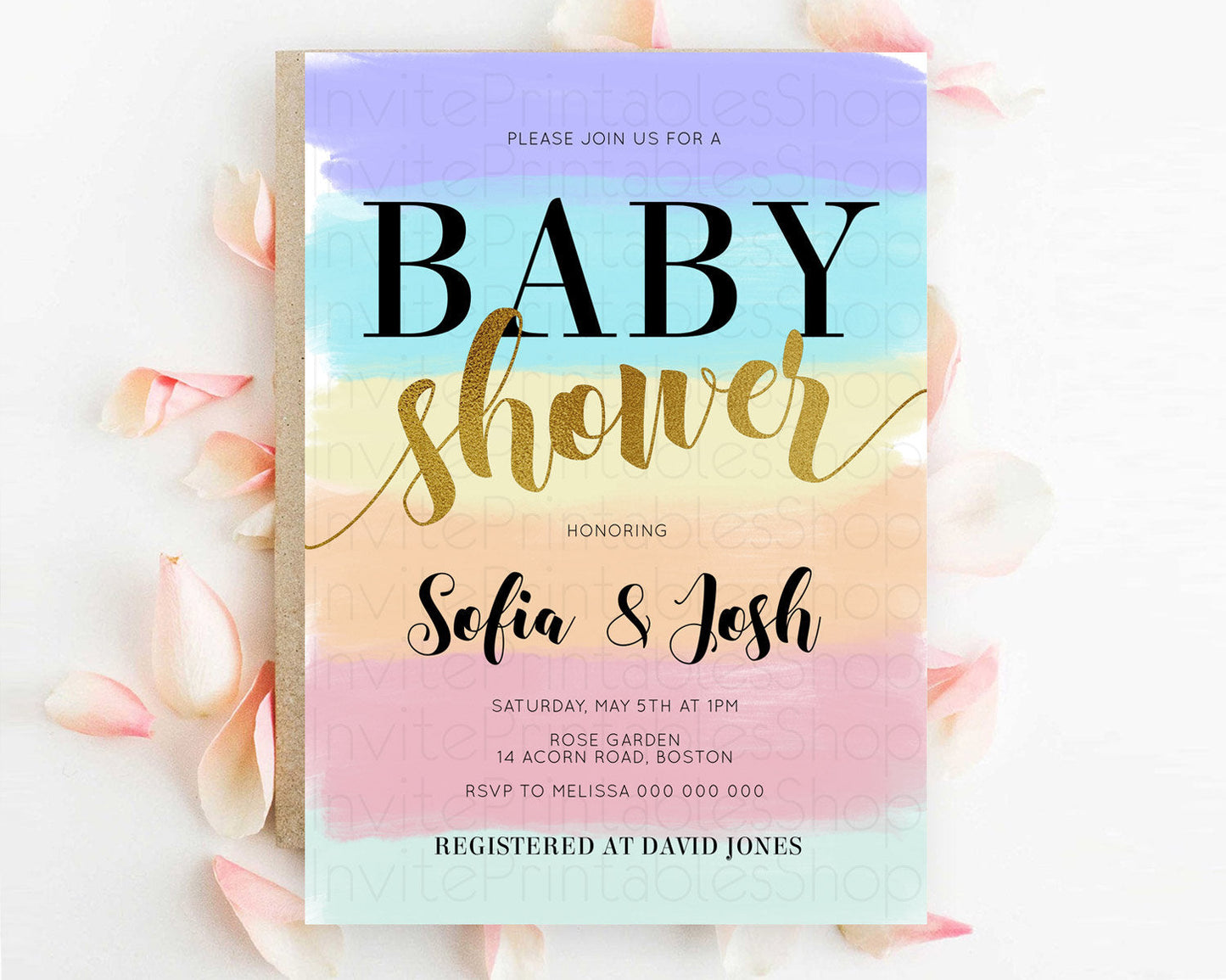 Pastel Baby Shower Invitation Rainbow Baby Shower Invitation Colorful Pastel Watercolor Invitation Gold Glitter Sprinkles Ombre D10510