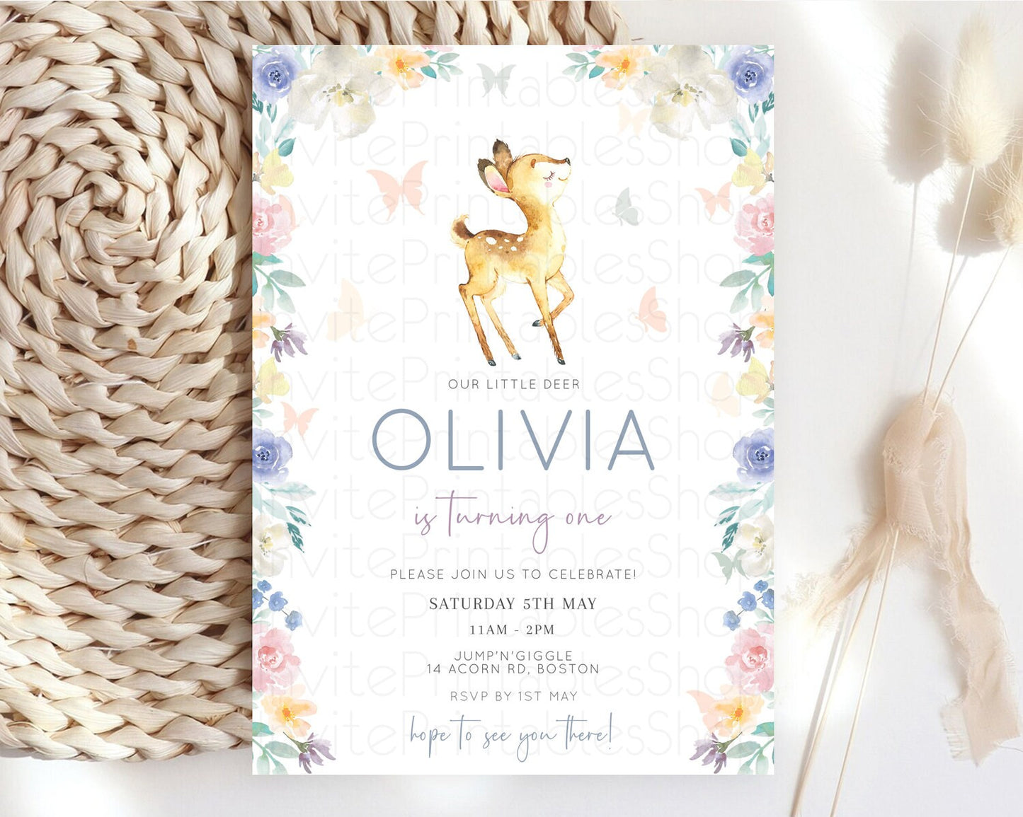 Fawn Birthday Invitation Deer Birthday Invitation Enchanted Forest Party Butterfly Pastel Flowers Whimsical 2nd 1st First Birthday D11035