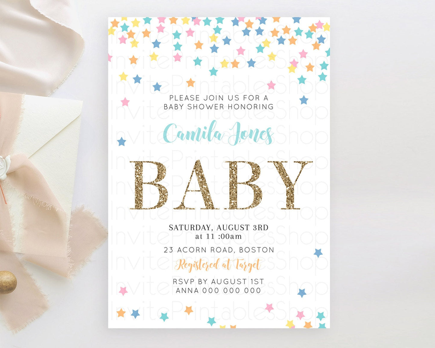 Twinkle Star Baby Shower Invitation Pastel Baby Shower Invitation Rainbow Confetti & Colorful Stars Pink, Blue, Green, Yellow, Orange D10298
