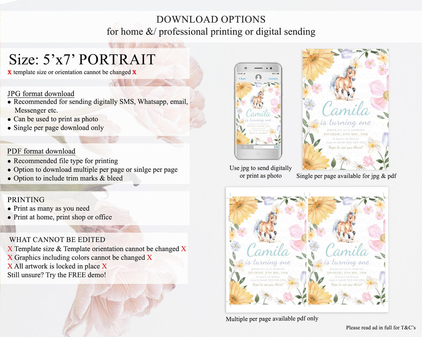 Horse Birthday Invitation, Galloping Wildflower Fields, Pastel Flowers, Butterflies, Flowers Accents for Equestrian & Cowgirls d23380