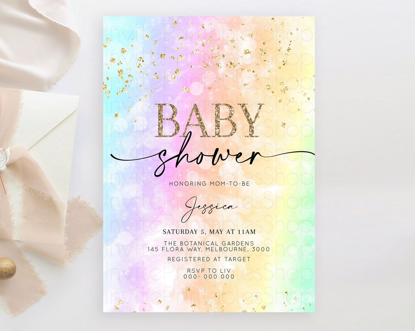 Pastel Baby Shower Invitation Rainbow Baby Shower Invitation Colorful Pastel Watercolor Invitation Gold Glitter Sprinkles Ombre D10647