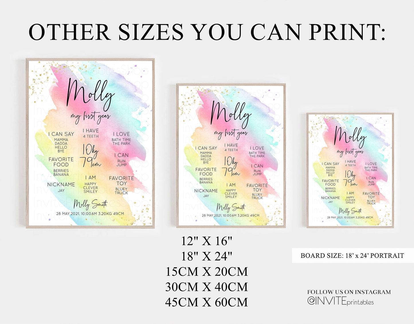 Pastel Rainbow First Birthday Milestone Board Ombre Gold Milestone Poster Watercolor Glitter One Year Poster Pastel Color Baby 1st Year T518