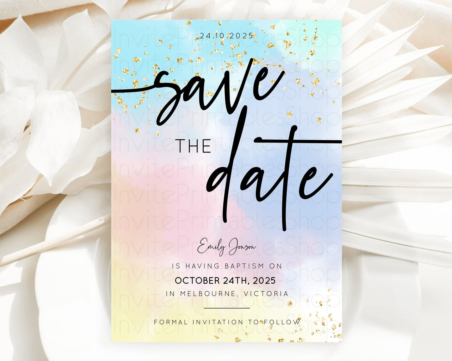 Pastel Save The Date Template Pastel Ombre Rainbow Watercolor Colorful Party For Birthday Baptism Baby Shower Wedding Bridal Shower D10368