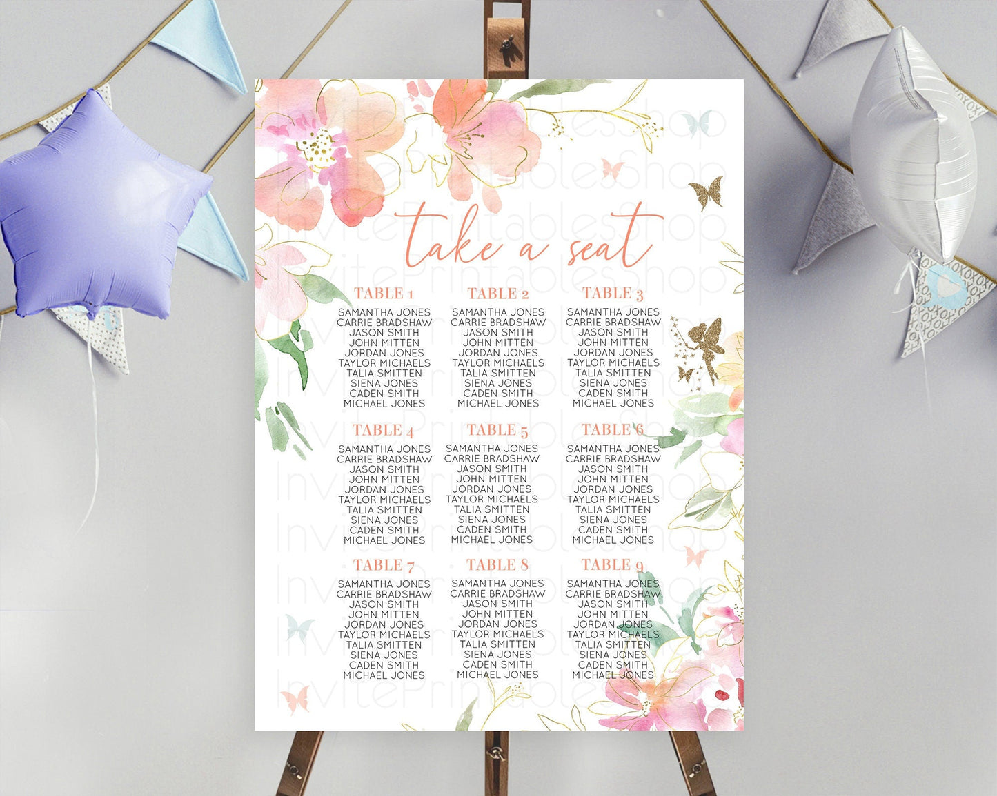 Fairy Seating Chart Pastel Fairy Seating Chart Fairy Tea Party Fairy Garden Seating Sign Enchanted Garden Floral Butterfly Decor D10934