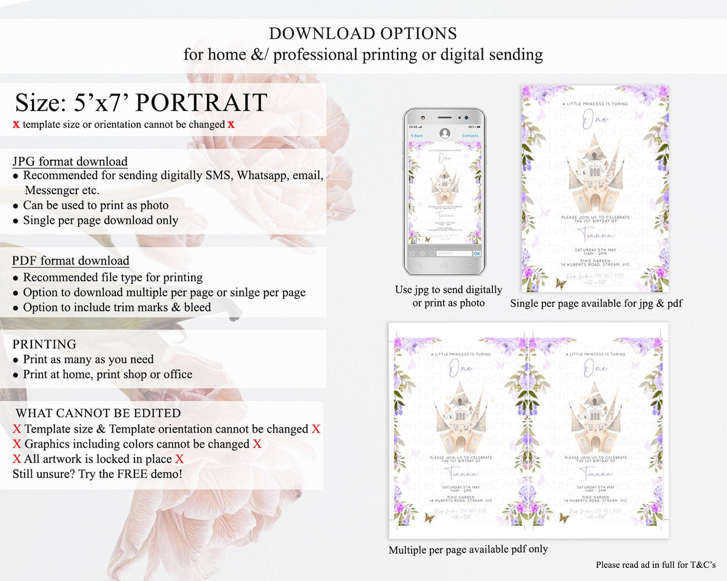 Princess Birthday Invitation Castle Invitation Royal Birthday Fairy Tale Enchanted Castle Pastel Floral Garden 1st First Birthday D10339
