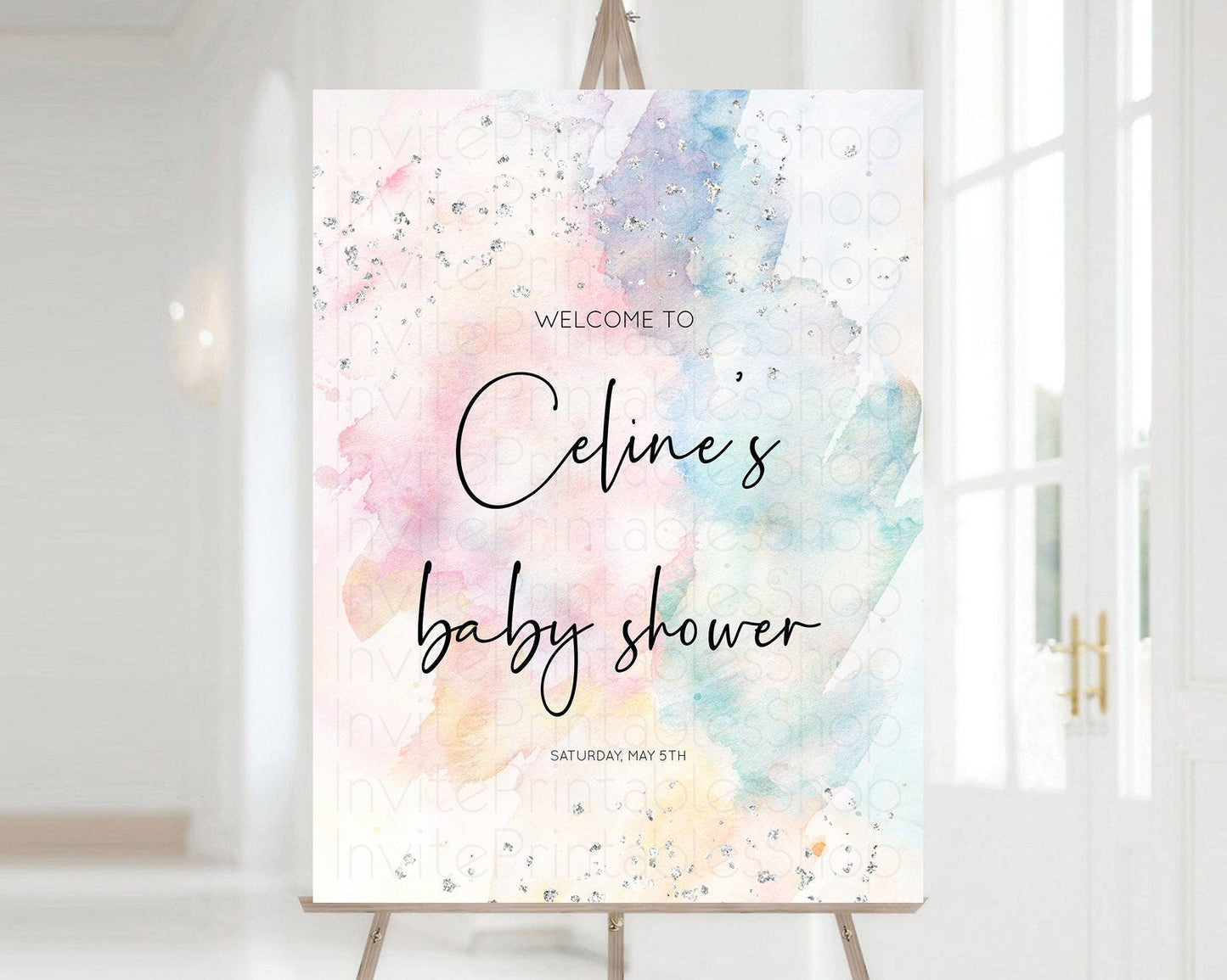 Pastel Rainbow Baby Shower Welcome Sign Pastel Welcome Board Pastel Colorful Party Poster Confetti Watercolor Silver Welcome Sign D10945