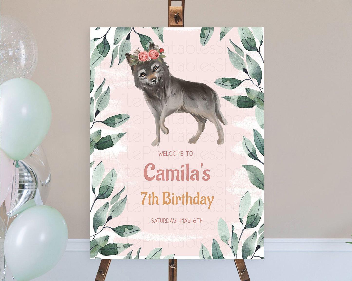 Wolf Welcome Sign Wolf Welcome Board Pastel Floral Wolf Welcome Poster Forest Wolf Party Décor Wolf First Birthday Welcome Sign D10535