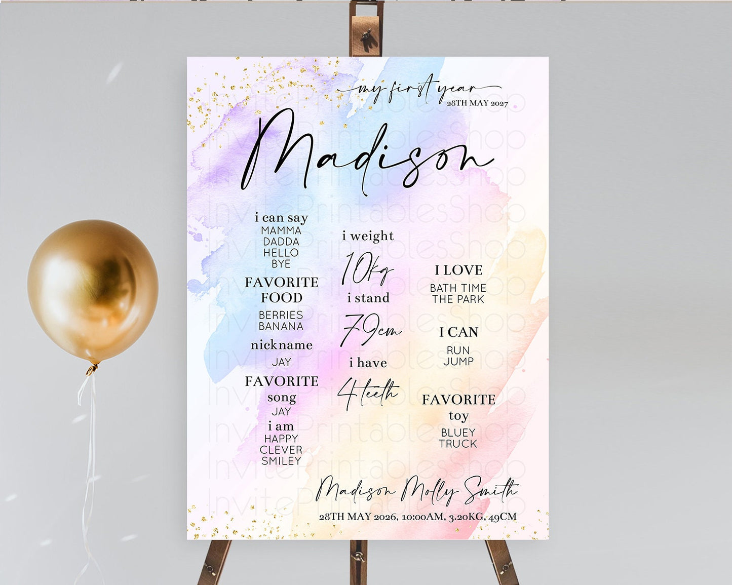 Pastel First Birthday Milestone Board Pastel Rainbow Milestone Poster Colorful Confetti Watercolor Glitter 1st Birthday Welcome Sign D10635