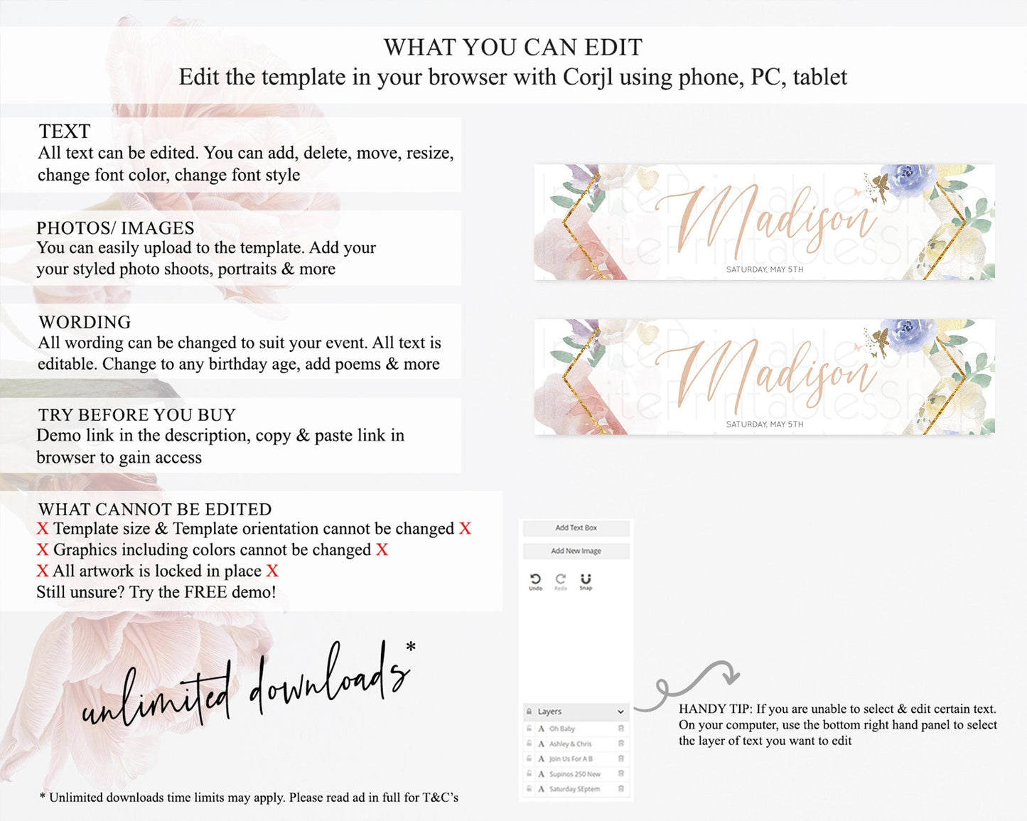 Fairy Water Label Enchanted Garden Pastel Floral Butterfly Party Decor Secret Garden Birthday Baptism Baby Shower Bridal Shower D10829