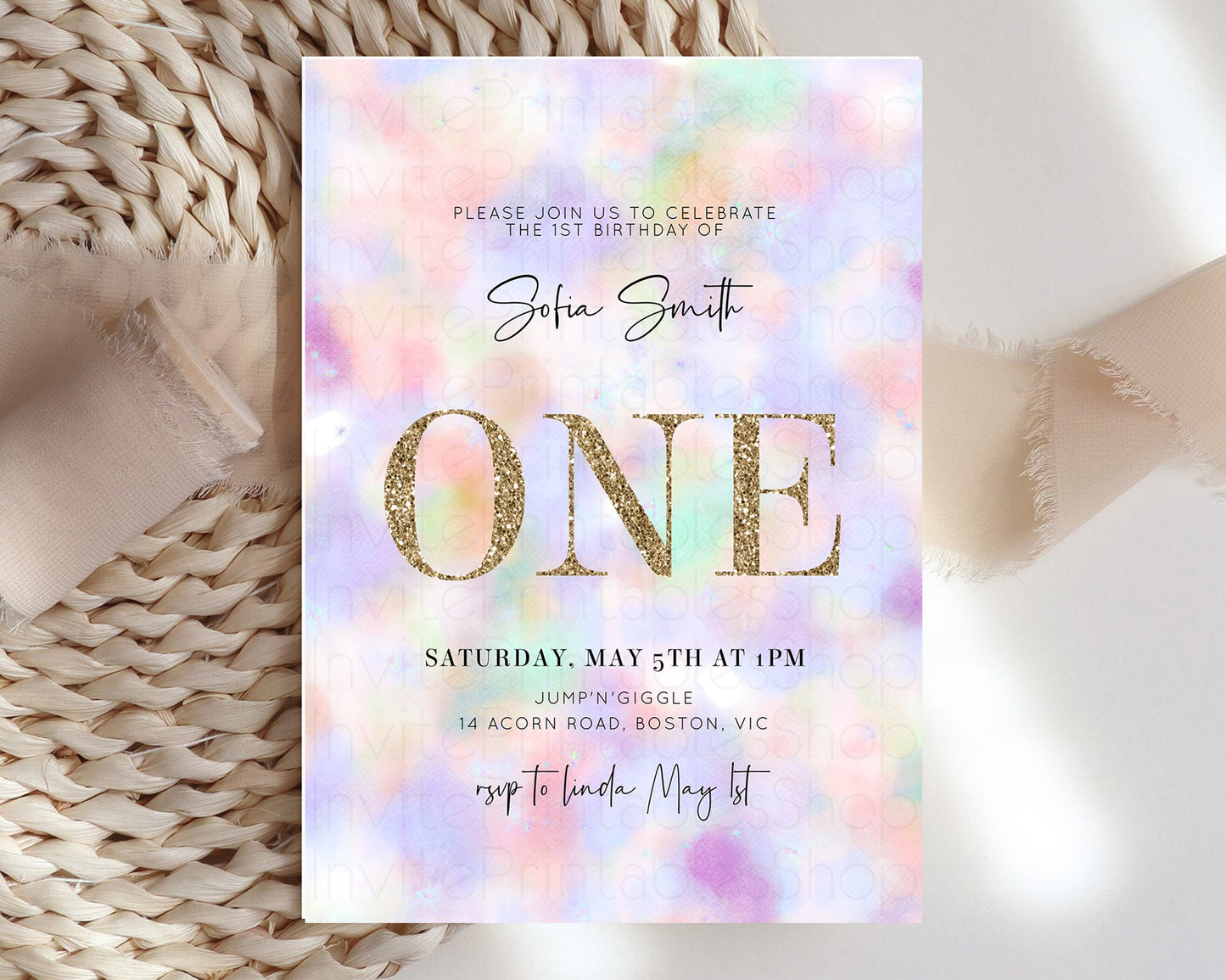 Rainbow Birthday Invitation Pastel Birthday Invite Ombre Watercolor Invite Enchanted Theme Colorful Splash Glitter Sprinkles 1st 2nd 3rd