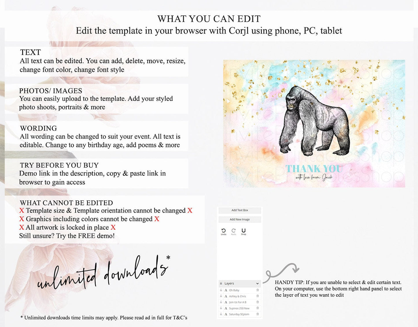 Pastel Gorilla Thank You Rainbow Gorilla Thank You Card Colorful Rainbow Birthday Thank You Pastel Teacher Thank You Card Template D10284