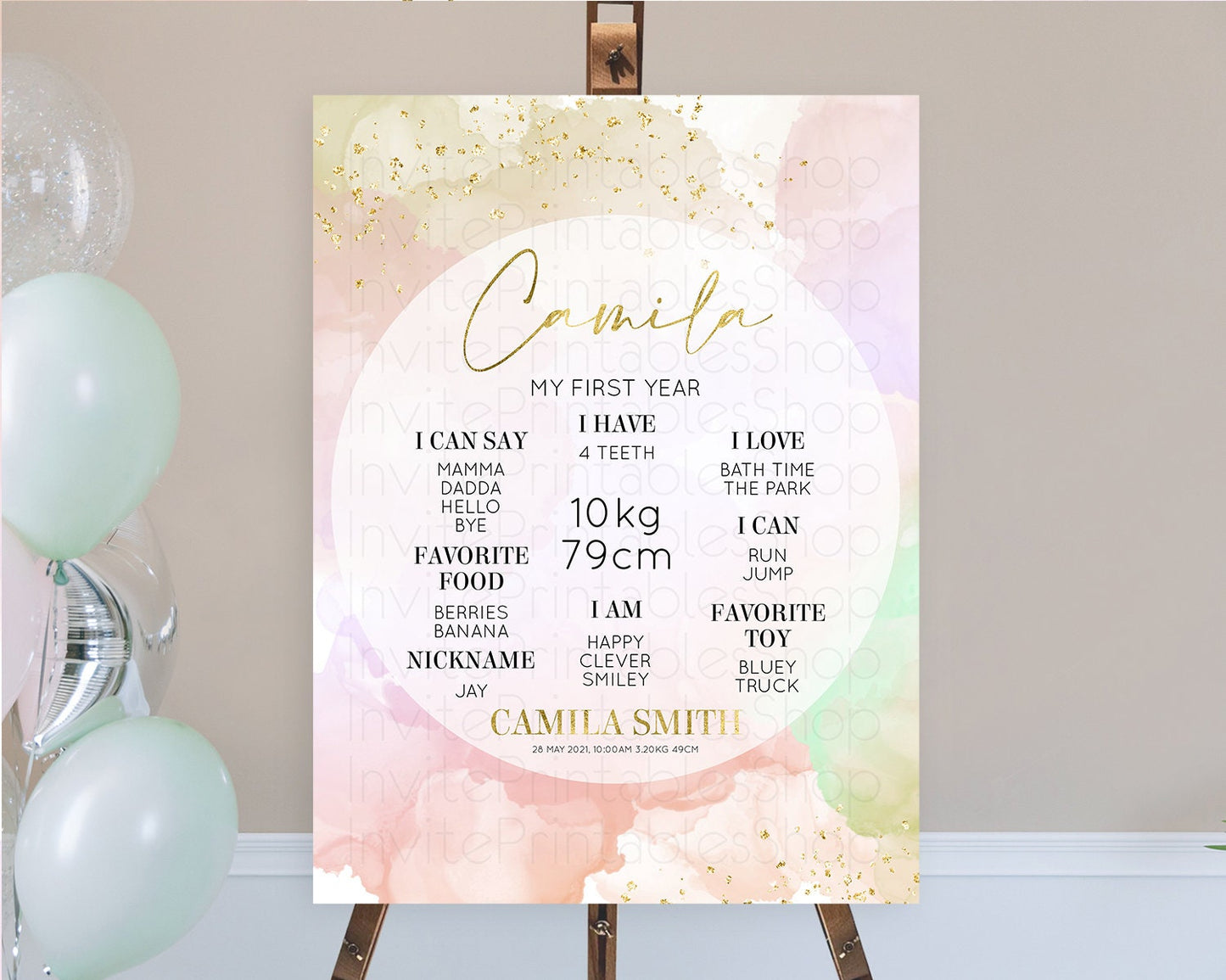 Pastel First Birthday Milestone Board Pastel Rainbow Milestone Poster Colorful Confetti Watercolor Glitter 1st Birthday Welcome Sign D10627