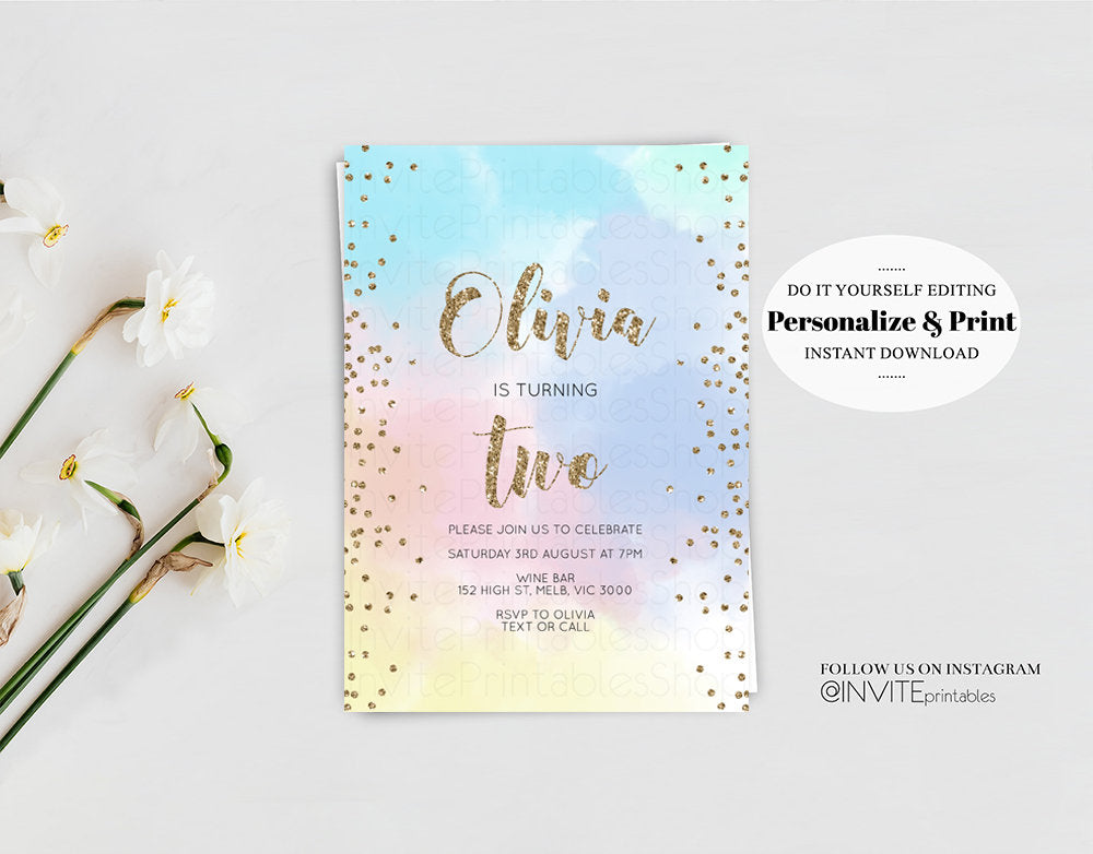 Rainbow Birthday Invitation Ombre Pastel Invitation Colorful Watercolor Splash Invite Gold Glitter Sprinkles 1st 2nd 3rd