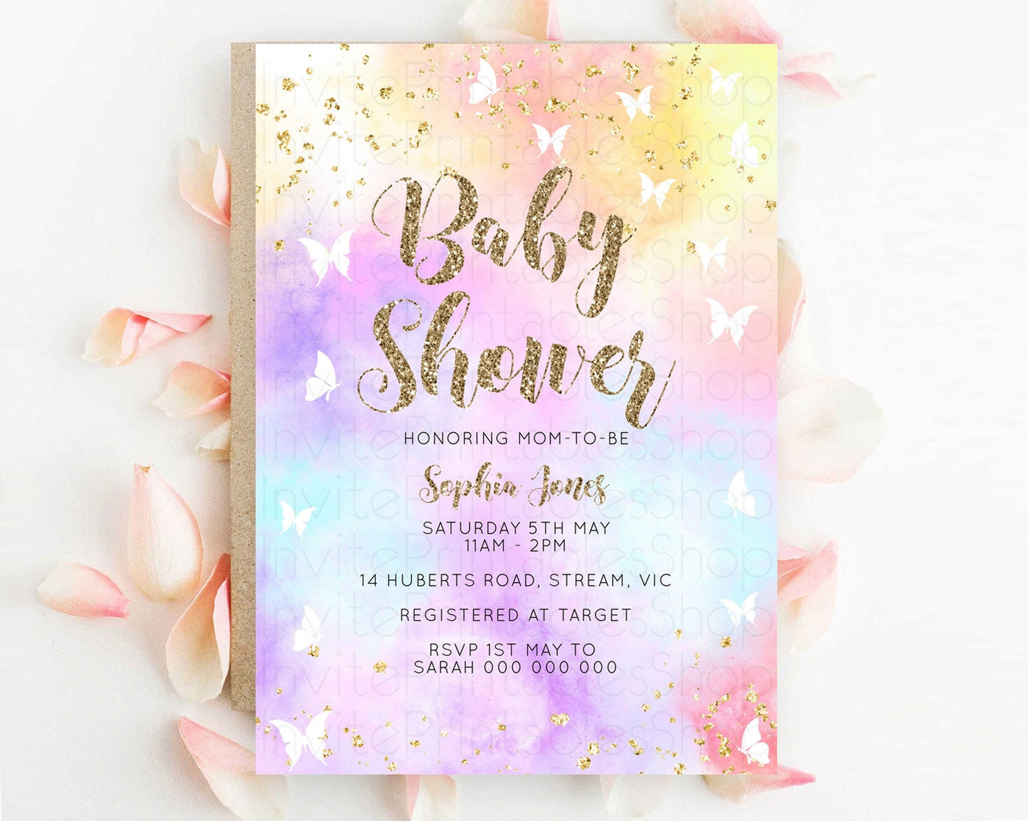 Pastel Baby Shower Invitation Rainbow Baby Shower Invitation Colorful Pastel Watercolor Invitation Gold Glitter Sprinkles Ombre D10435