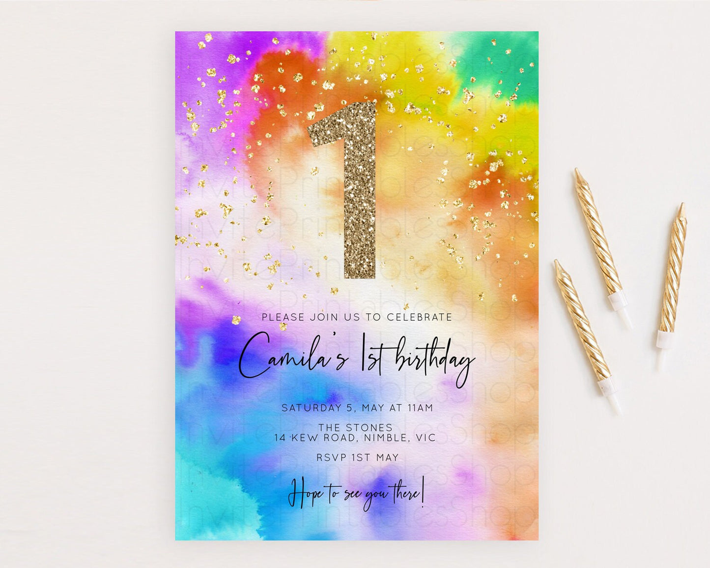 Tie Dye Invitation Rainbow Birthday Invitation Pastel Invitation Colorful Invitation Pastel Rainbow Party 3rd 2nd 1st First Birthday D10530