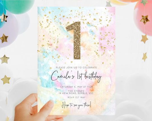 Rainbow Birthday Invitation Colorful Pastel Watercolor Invitation Gold Glitter Sprinkles Ombre Pastel 1st 2nd 3rd Birthday D10548