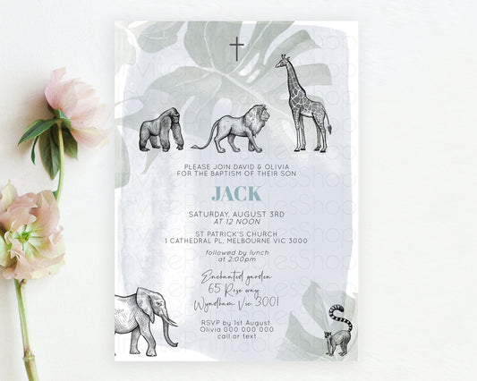 Safari Baptism Invitation Safari Adventure Baptism Birthday Invitation Lion Gorilla Elephant Rhino Tropical Palm Jungle Adventure D10821