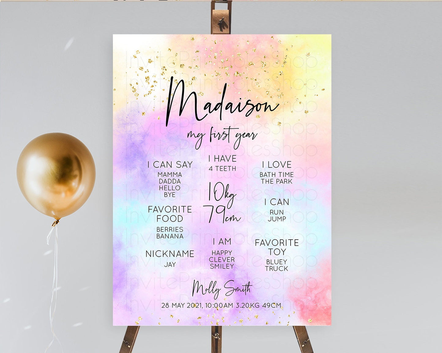 Pastel First Birthday Milestone Board Pastel Rainbow Milestone Poster Colorful Confetti Watercolor Glitter 1st Birthday Welcome Sign D10437