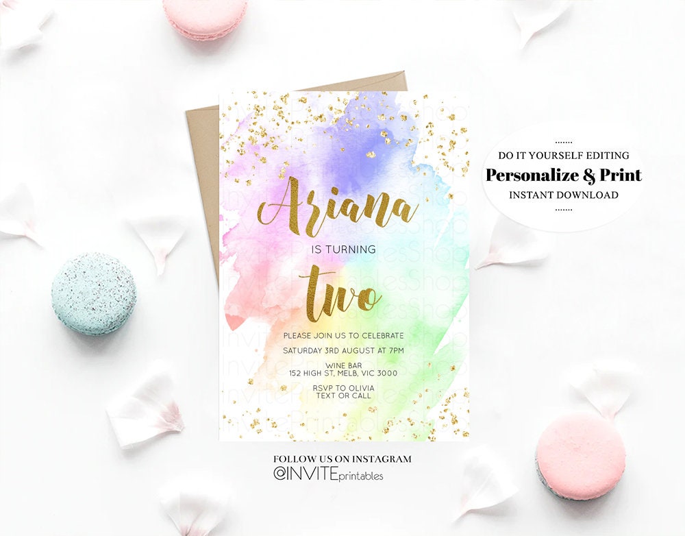 Rainbow Birthday Invitation Colorful Invite Watercolor Confetti Gold Glitter Sprinkles Ombre Pastel Invite 1st 2nd 3rd Birthday Invite 377