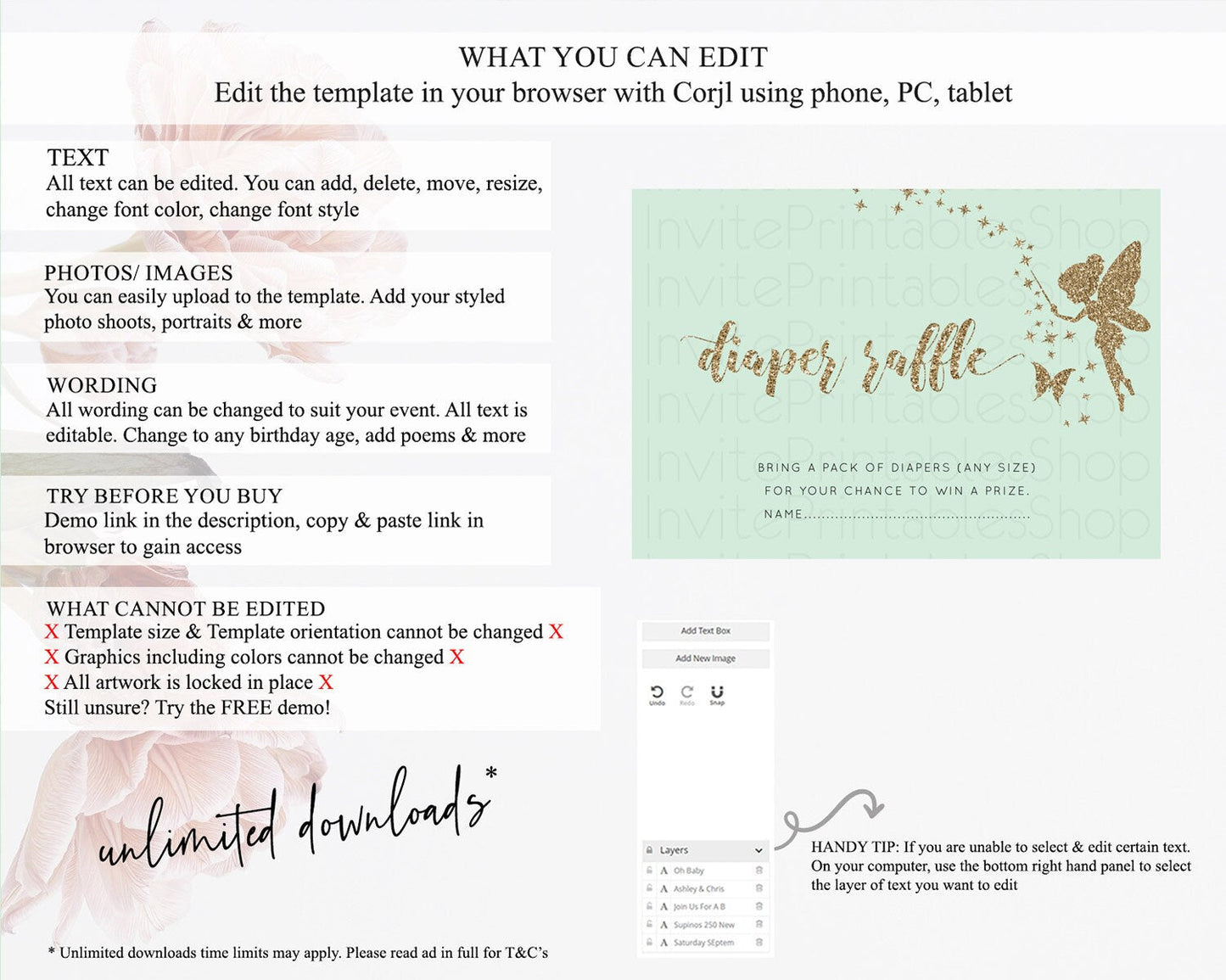 Fairy Diaper Raffle Card Fairy Diaper Insert Enchanted Garden Fairy Diaper Ticket Pastel Floral Butterfly Secret Garden Raffle Game D10908