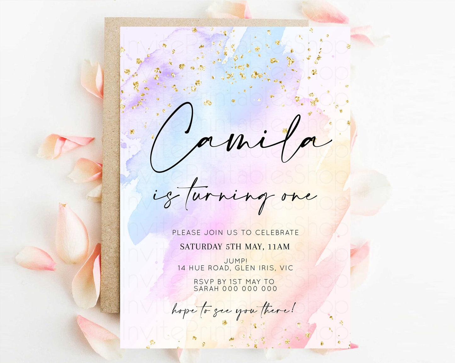 Rainbow Birthday Invitation Glitter Pastel Invitation Colorful Watercolor Gold Foil Splatter Sprinkle Ombre 1st 2nd 3rd Birthday Invite t600