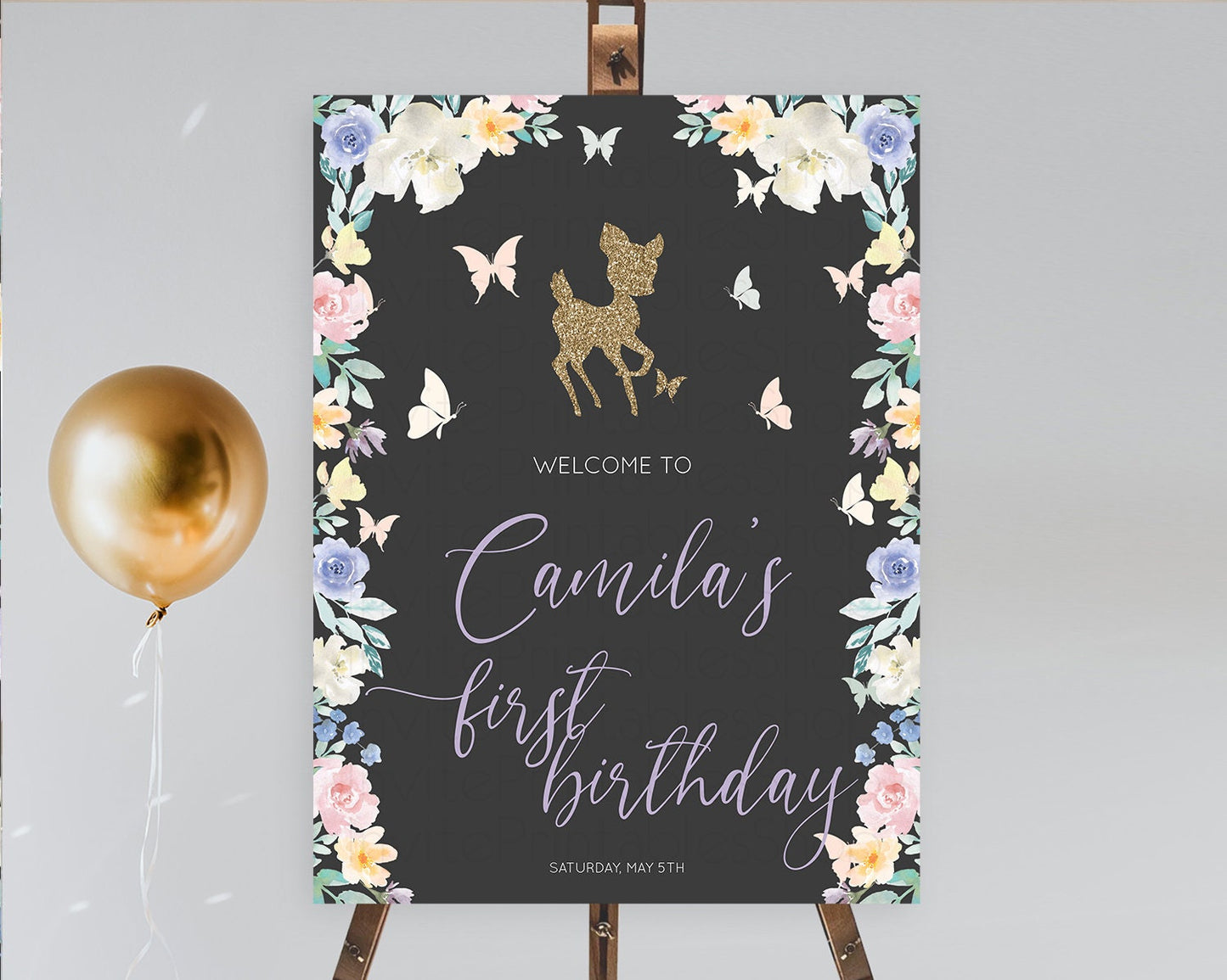 Fawn Welcome Sign Deer Welcome Board Floral Deer Welcome Poster Enchanted Forest Butterfly Pastel Floral First Birthday Welcome Sign D10323