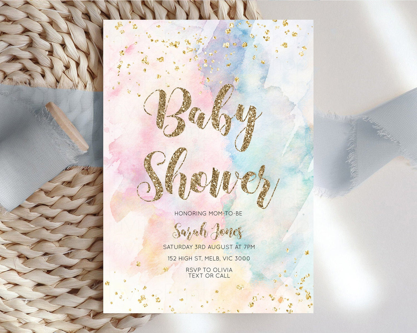 Rainbow Baby Shower Invitation Pastel Baby Shower Invitation Watercolor Ombre Invitation Rainbow Pastel Colors Invite Glitter Confetti 276