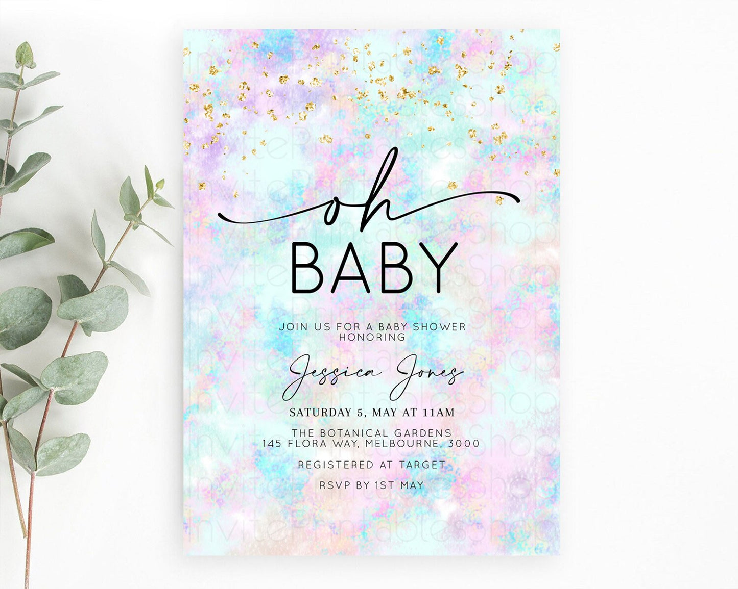 Pastel Baby Shower Invitation Rainbow Baby Shower Invitation Colorful Pastel Watercolor Invitation Gold Glitter Sprinkles Ombre D10652