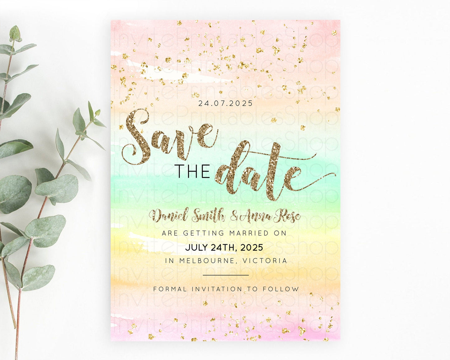 Pastel Save The Date Template Pastel Ombre Rainbow Watercolor Colorful Party For Birthday Baptism Baby Shower Wedding Bridal Shower D10592