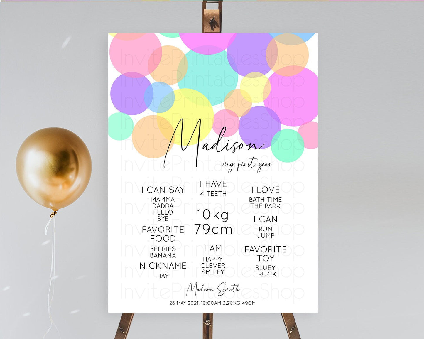 Pastel First Birthday Milestone Poster Pastel Rainbow Confetti First Birthday Milestone Board Colorful Bubbles Birthday Welcome Sign D10888