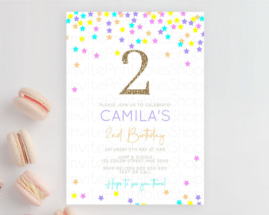 Star Birthday Invitation Pastel Stars Invite Shooting Star Party Rainbow Colorful Confetti Twinkle Little Star 2nd First Birthday D10397