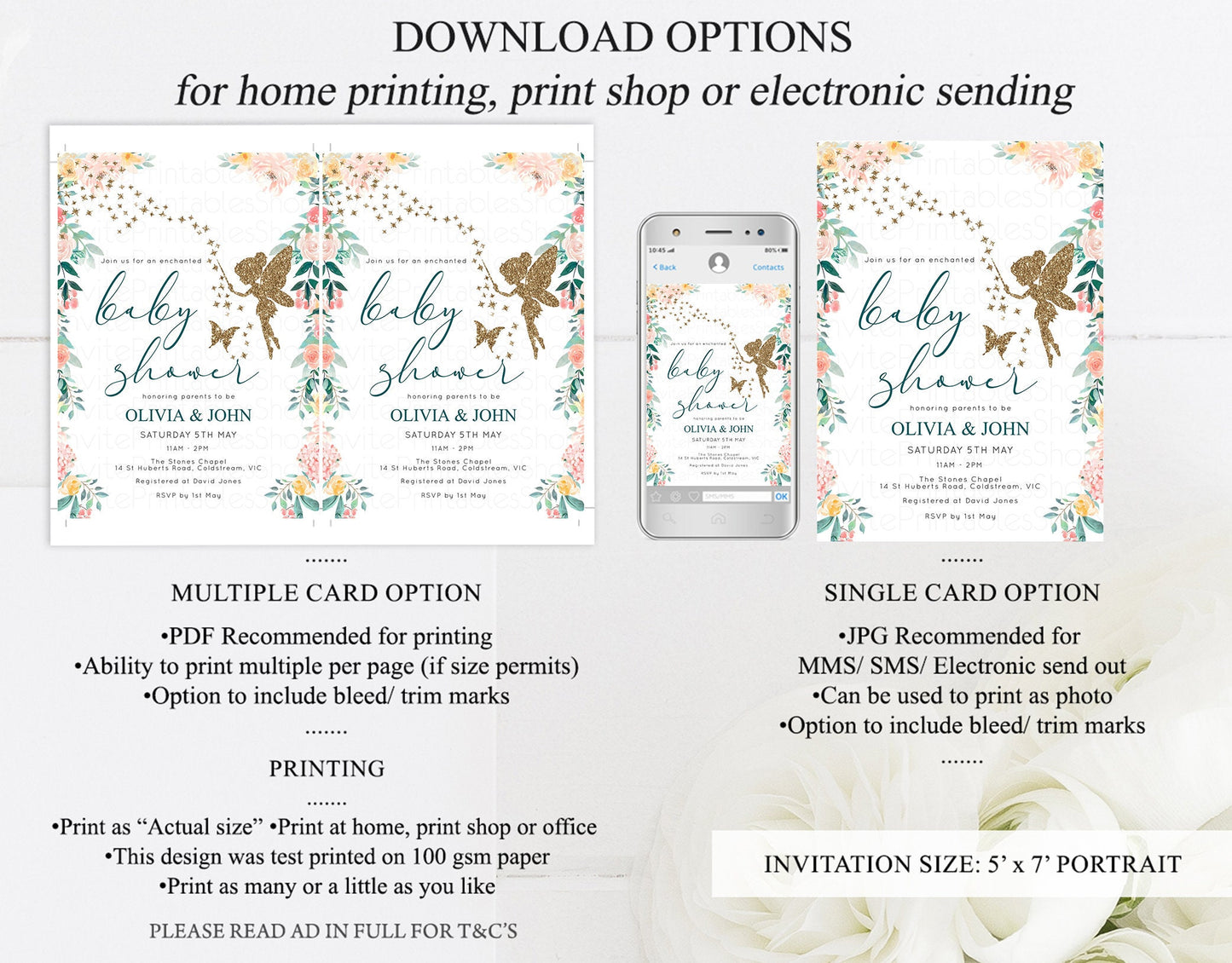 Fairy Baby Shower Invitation Enchanted Baby Tinkerbell Glitter Pixie Twinkle Stars Fairytale Pastel Watercolor Flowers Editable Template