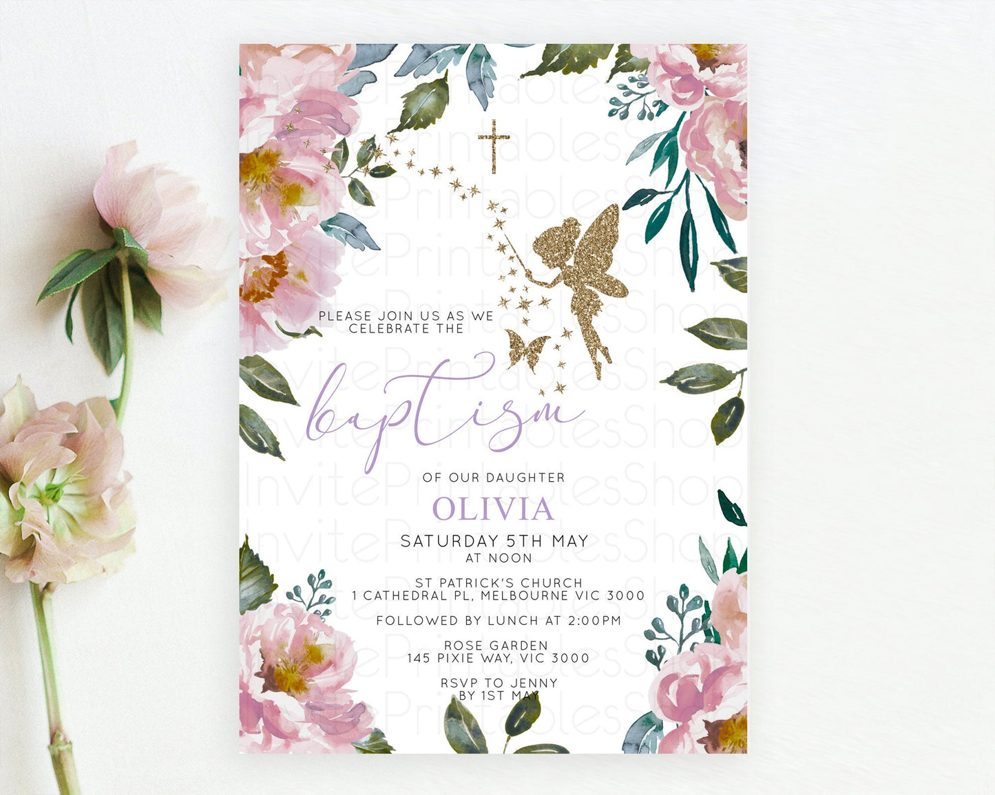 Fairy Baptism Invitation Fairy Baptism 1st Birthday Invitation Enchanted Secret Garden Christening Invite Pastel Floral Butterfly D10727