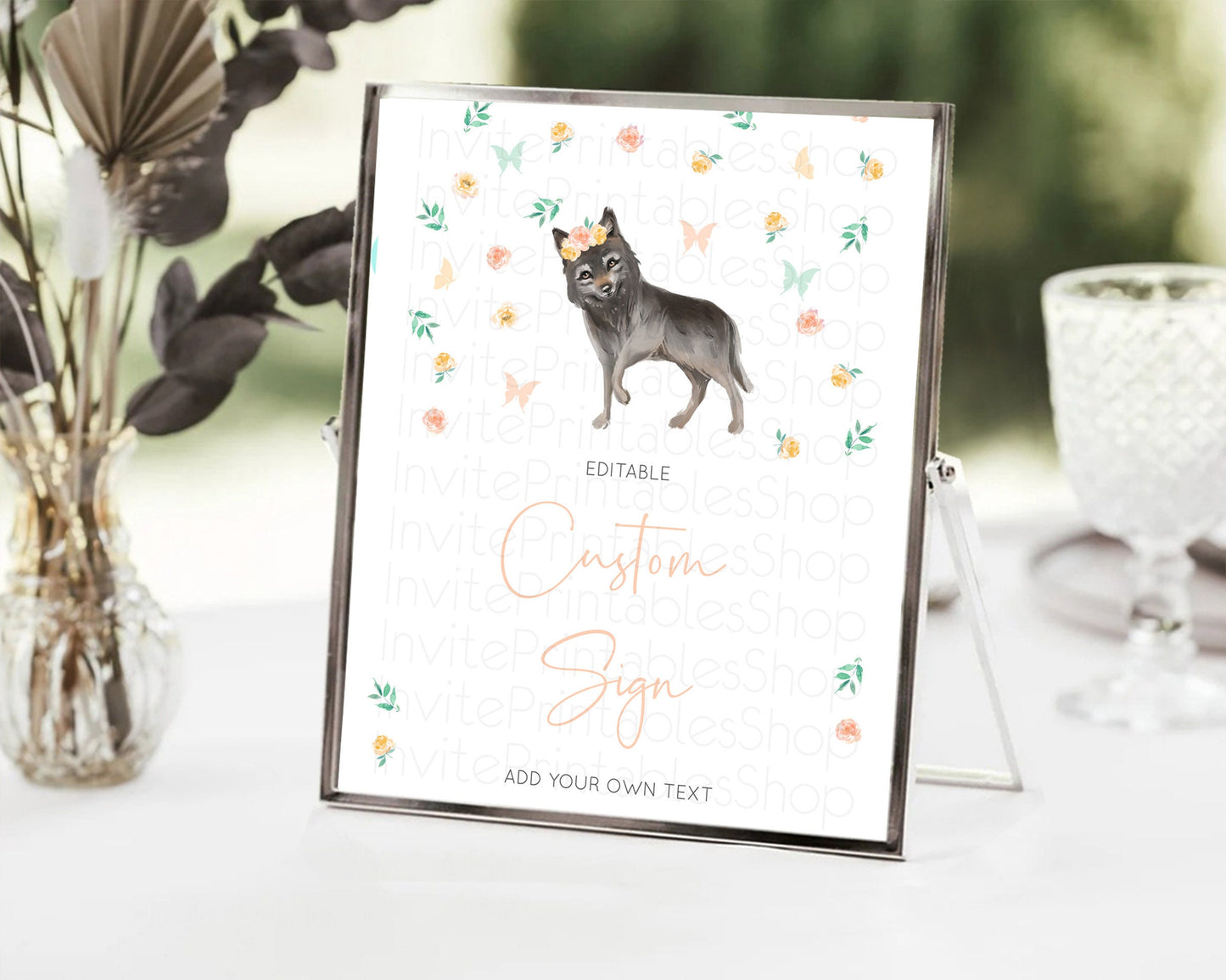 Wolf Sign Wolf Table Sign Decor Pastel Floral Wolf Party Forest Adventure Wilderness Theme Birthday Baptism Christening Baby Shower D10362