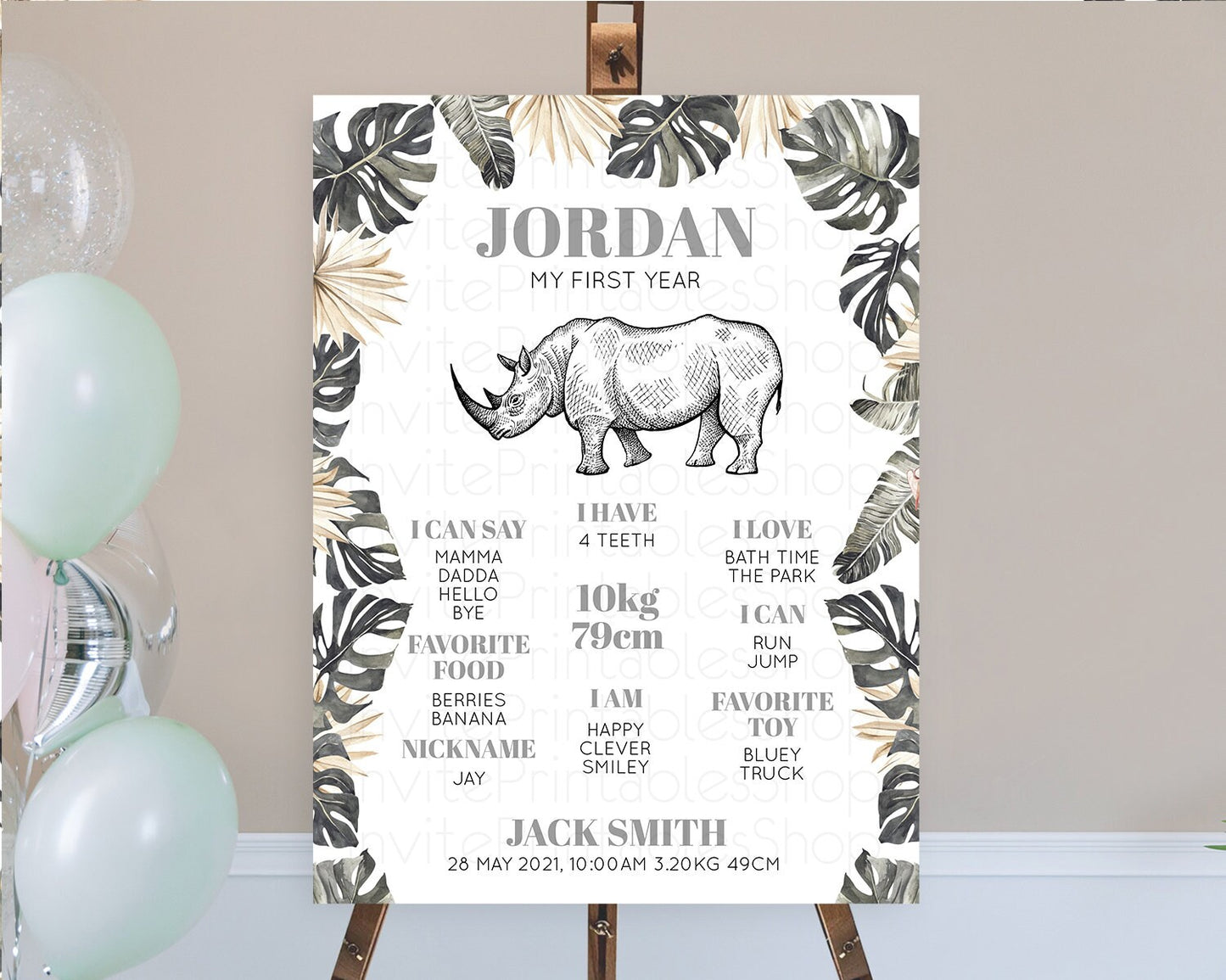 Rhino First Birthday Milestone Board Rhino Milestone Poster Rhino Decor Safari Adventure Rhino First Birthday Welcome Sign D10826