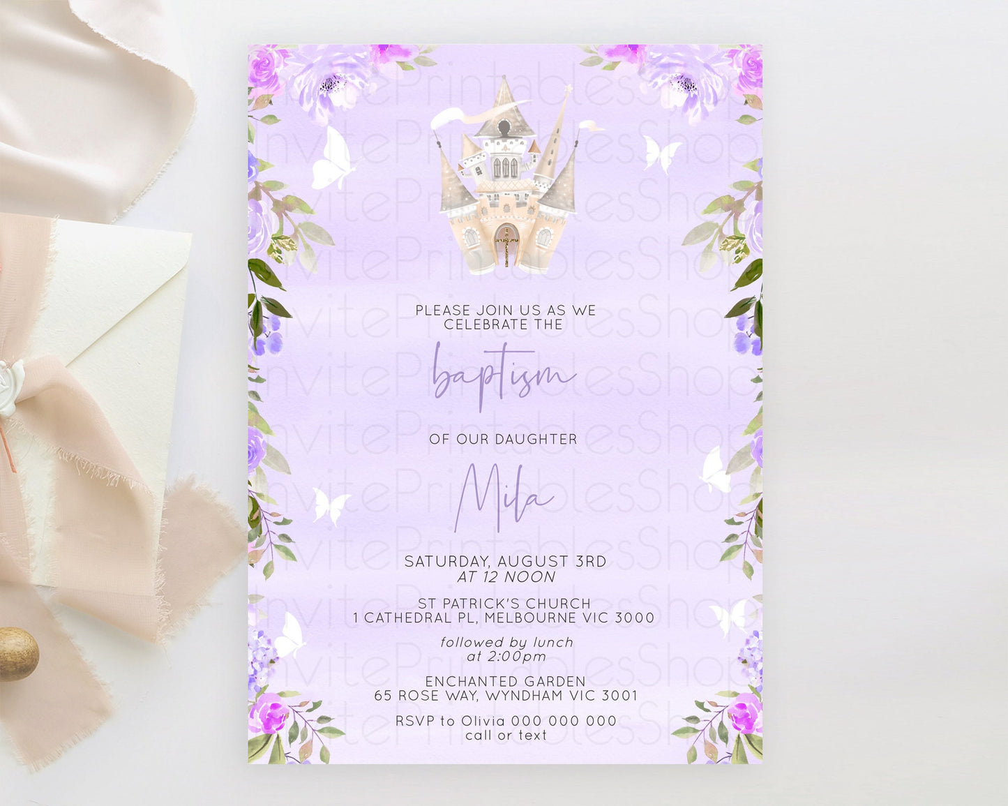 Princess Baptism Invitation Enchanted Castle Baptism 1st Birthday Invitation Royal Party Pastel Floral Secret Garden Christening D10339