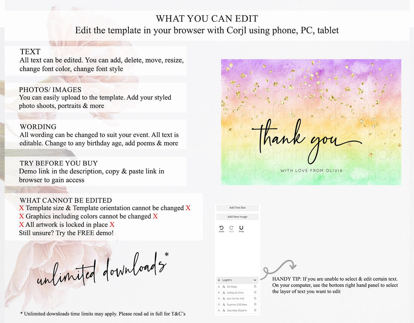 Pastel Thank You Rainbow Thank You Card Colorful Pastel Birthday Thank You Card Confetti Watercolor Pastel Teacher Thank You Cards D10514