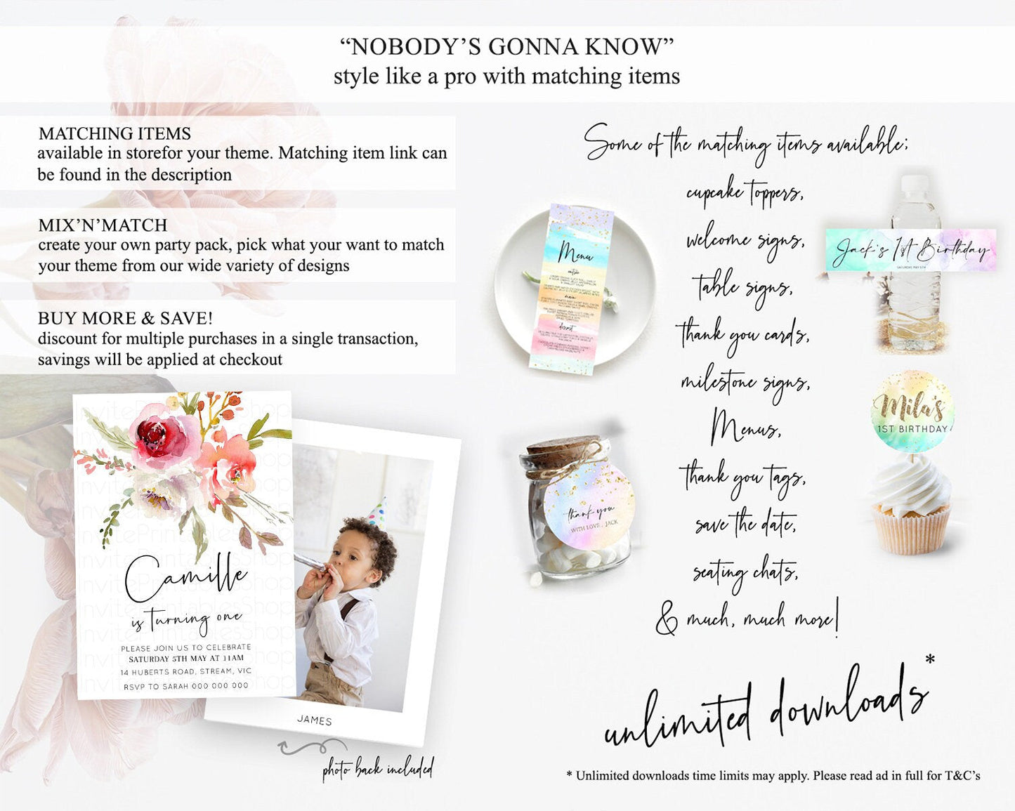Secret Garden Invitation Wildflower Birthday Invitation Pastel Flowers Invite Enchanted Garden Boho Floral 3rd 2nd First Birthday D10243