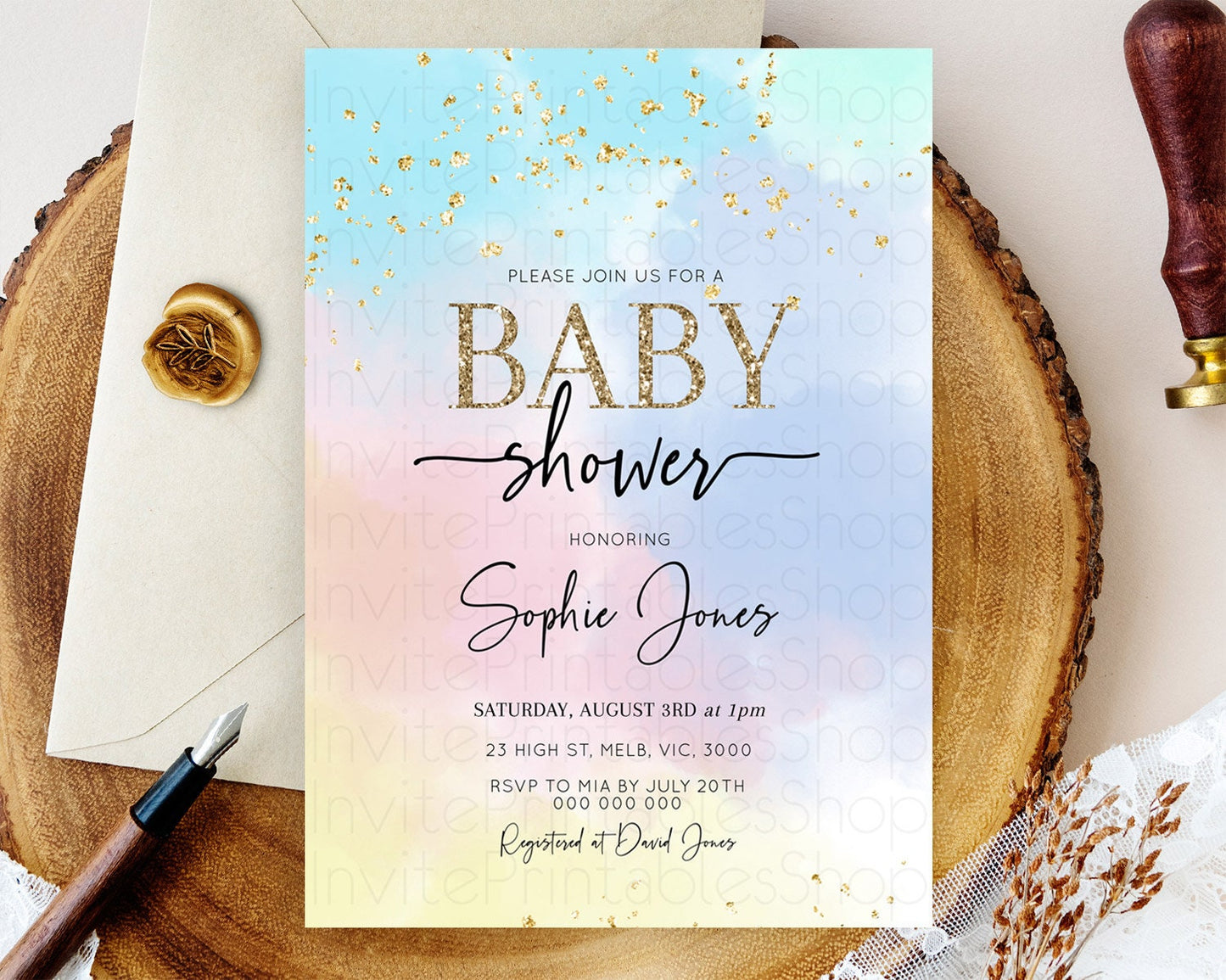 Pastel Baby Shower Invitation Rainbow Baby Shower Invitation Colorful Pastel Watercolor Invitation Gold Glitter Sprinkles Ombre D10368